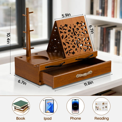 Adjustable Wooden Book Stand with Storage - Multi-Function Hands Free Book Holder for Books, Tablets & Recipes with Cup Slot, Pen Groove & Page Holder - Perfect Kitchen Counter & Gifts for Book Lovers