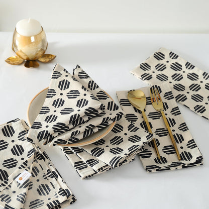 Taran Geometric Beige Print Cotton Dinner Napkins Set of 12 | 18x18 Inches | 100% Natural, Reusable Linens for Dinner, Events, Weddings