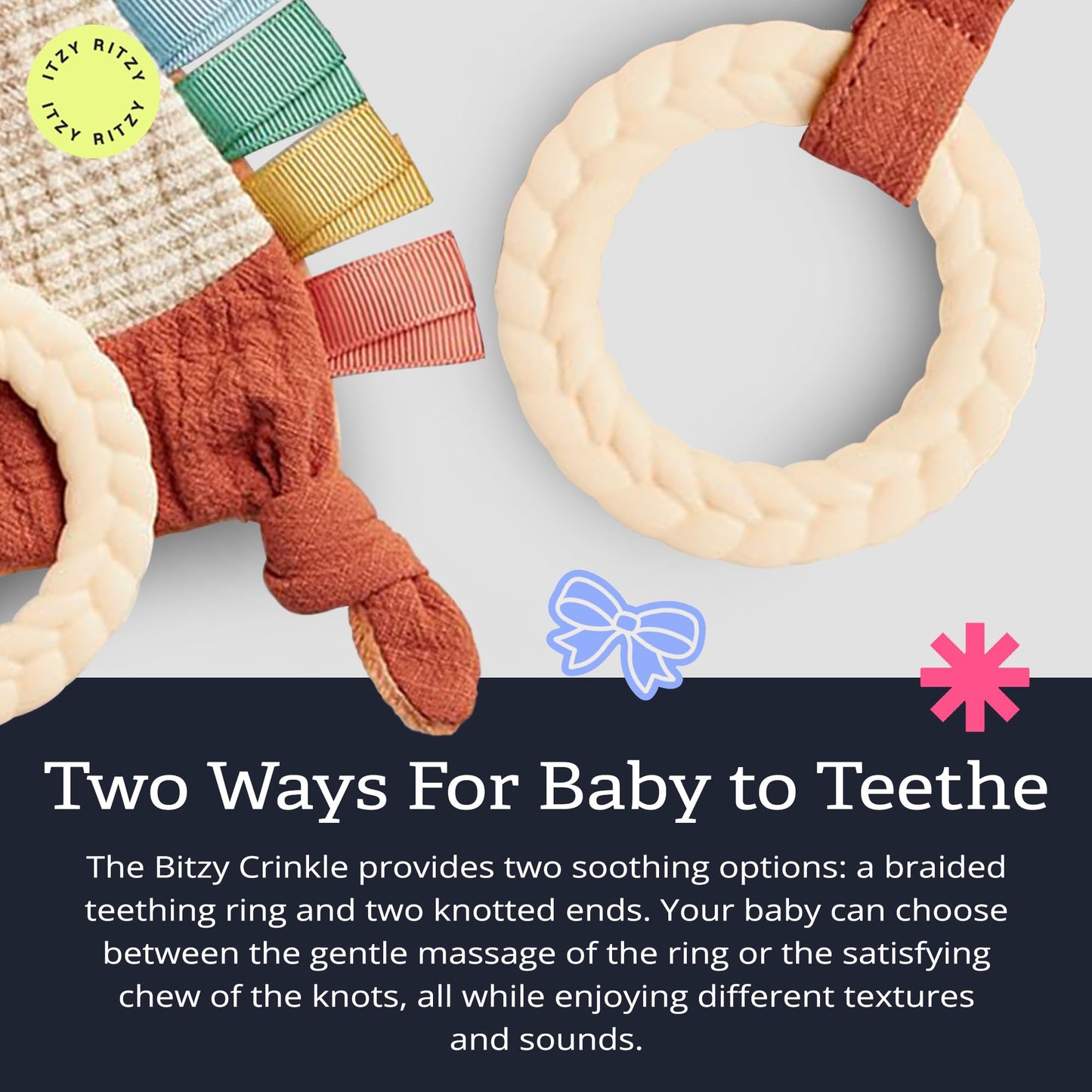 Itzy Ritzy - Bitzy Crinkle Sensory Toy for Babies & Toddlers — Features Crinkle Sound, Soft Braided Teething Toy Ring & Textured Ribbons — Gender Neutral Baby Item for Ages 0 Months & Up, Fox