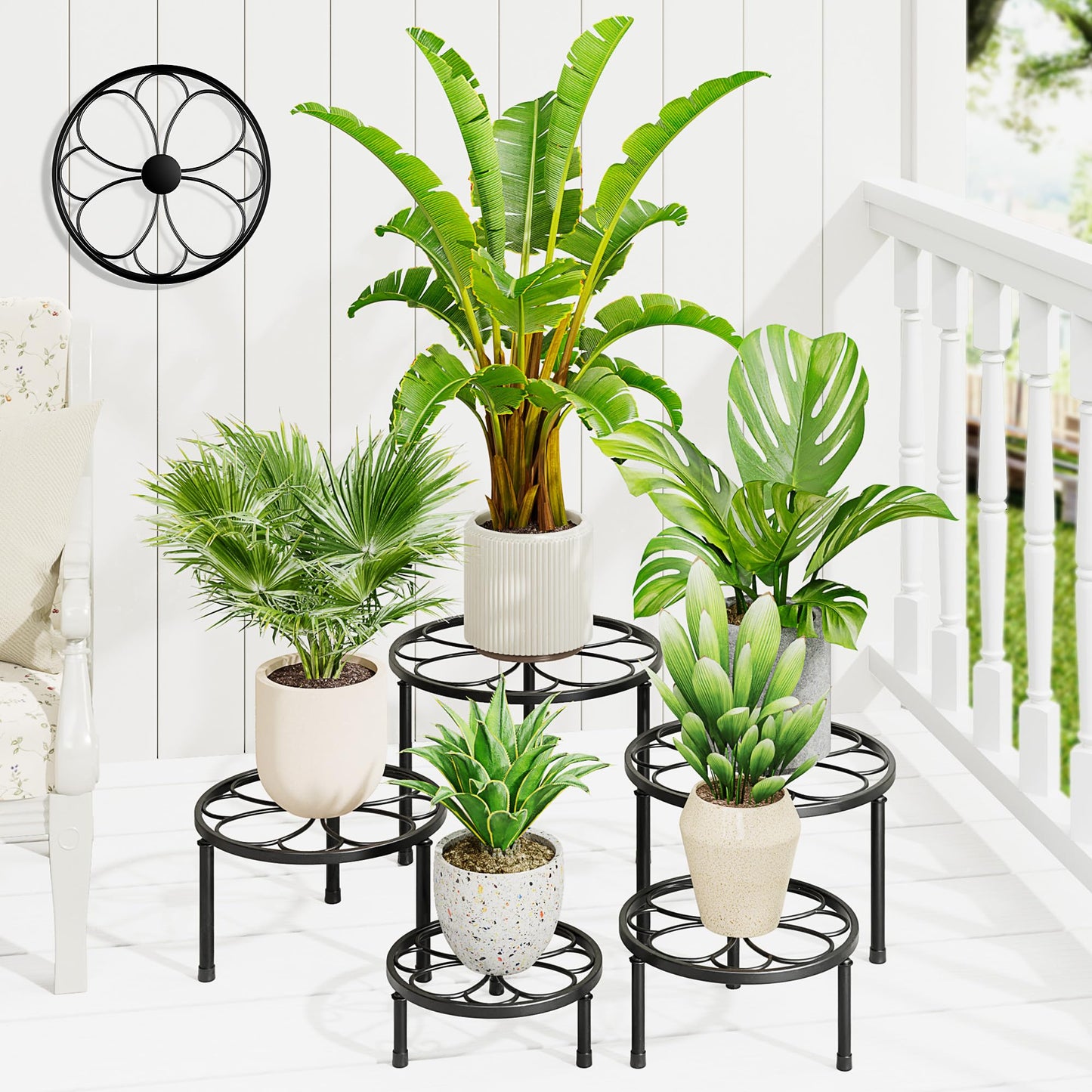 NQW 5 Pack Metal Plant Stands,Heavy Duty Potted Holder for Flower Pot,Indoor Outdoor Metal Rustproof Iron Garden Container Round Supports Flower Rack for Planter(BlackFlower)