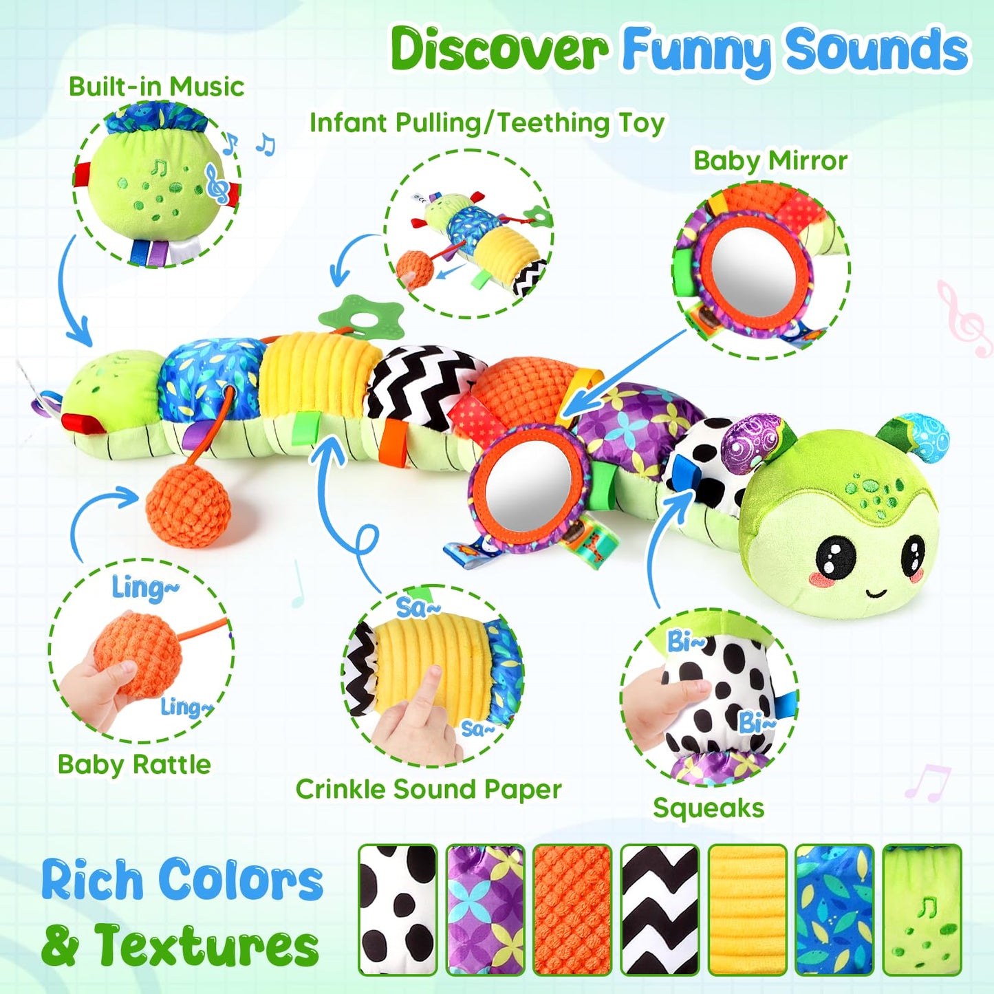 Musical Caterpillar Baby Toys 0-6 6-12 Months, Multi-Functional Sensory Tummy Time Toys for Newborn Infants Boys & Girls, Developmental Stuffed Animal Toys, Baby Shower & Baby Gifts