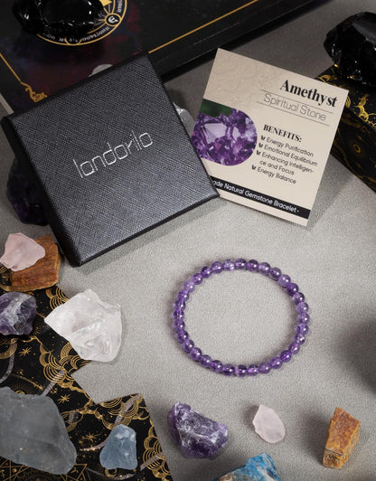 Landorilo Beaded Bracelet for Men Women, 6mm Natural Stone Amethyst Healing Crystal Stretch Bracelets, Ideal Christmas Birthday Jewelry Gifts with Energy Card，Replacement Beads Included