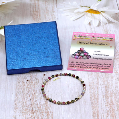 QOGIR Multicolor Tourmaline - Stone of Inner Balance - 14K Gold Plated Beads Natural Gemstone Stretch Elastic Dainty Healing Beaded Bracelets Gifts 4mm