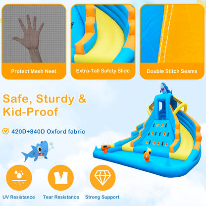 Inflatable Water Slide, 13FT Shark-Themed Large Bounce House with Dual Slides, Climbing Wall, Deep Pool, Water Cannon, 680W Blower, Storage Bag, Backyard Blow Up Water Park for Kids Aged 3–10