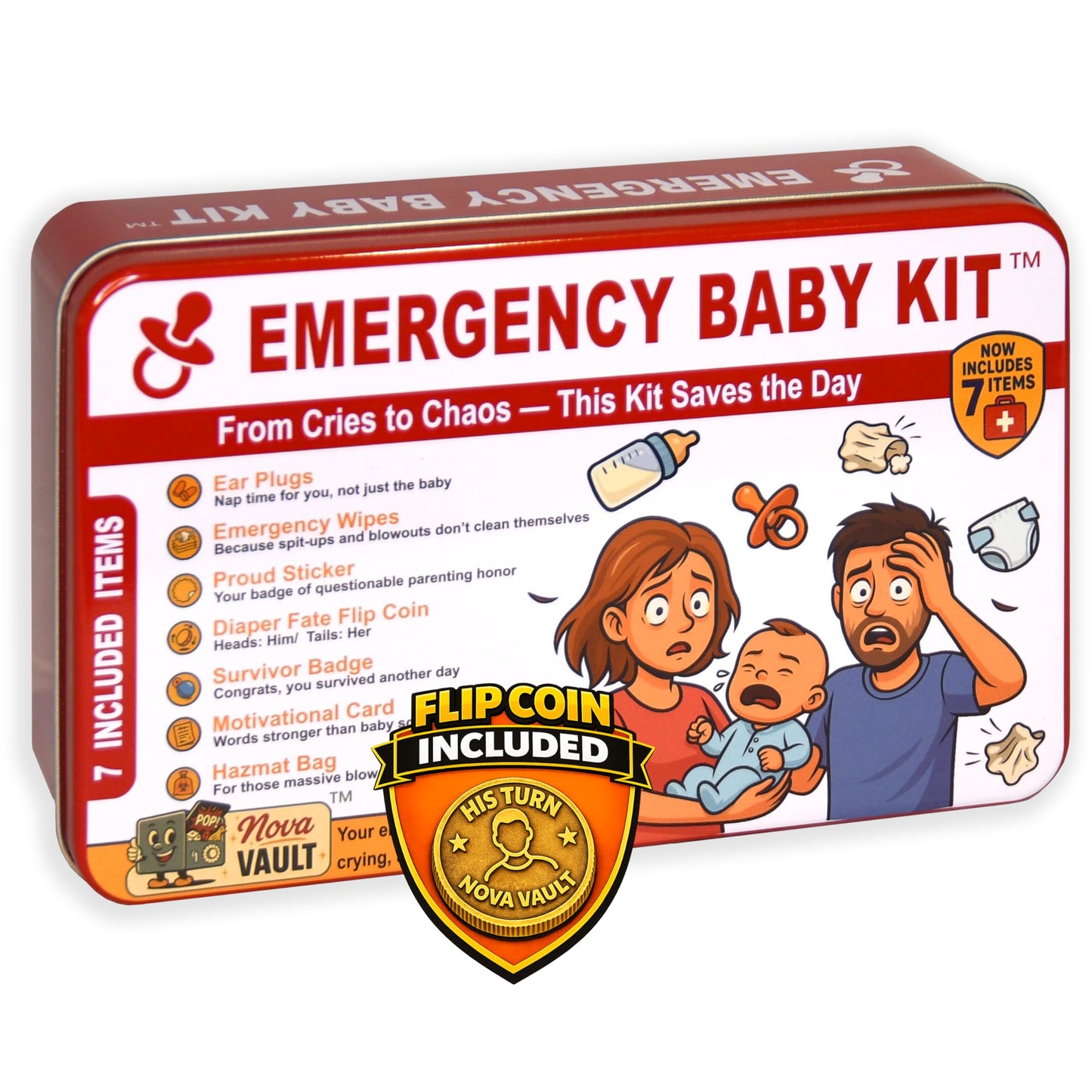 Nova Vault Funny Emergency Baby Newborn Kit Includes Wet Wipes, Flip Coin, Stickers, Jokes, Badge, Bag, Earforam. Ultimate Baby Shower, Family and Freinds Novelty Gag Gift