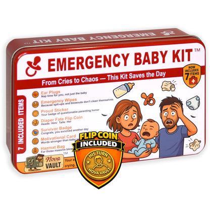 Nova Vault Funny Emergency Baby Newborn Kit Includes Wet Wipes, Flip Coin, Stickers, Jokes, Badge, Bag, Earforam. Ultimate Baby Shower, Family and Freinds Novelty Gag Gift