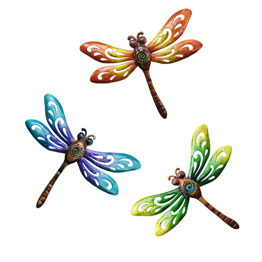 BVLFOOK Dragonfly Wall Art Decor, Metal Indoor Outdoor Fence Outside Valentine Decorations for Living Room Bedroom, 9 Inch 3 Pack, Hand-made Vibrant Ornament Sculpture for Patio Balcony