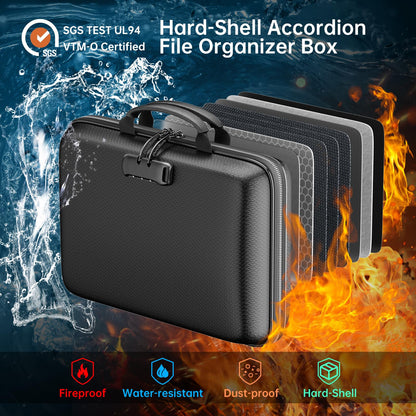 DocSafe Fireproof File Organizer with Lock, Hard-Shell Case Fireproof Document Box with 13 Pocket Accordion File Folder, Portable Home Office Travel Safe Storage for Important Documents Laptop Black