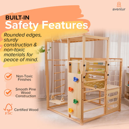 Avenlur Montessori Gym Alpine Wooden Jungle Gym with Indoor Swing, Toddler & Baby Climbing Toys, Rock Wall Perfect for Active Fun & Skill Development, Ages 2-8