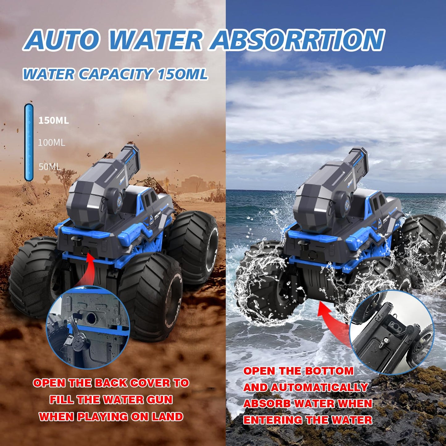 Amphibious Remote Control Car Boat Water Squirt RC Tank 2.4GHz Gesture Sensor 4WD Monster Truck Waterproof RC Car for 6 7 8 9-12 Kids Girls Boys Gift Beach Pool Water Toy With 2 Replaceable Batteries