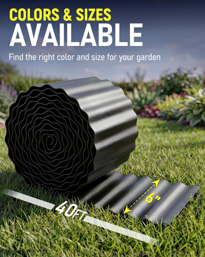 SOCONT Corrugated Metal Garden Edging, 6"×40Ft Durable Landscape Border for Garden, Lawn, Flower Beds and Paver Edging (Black)