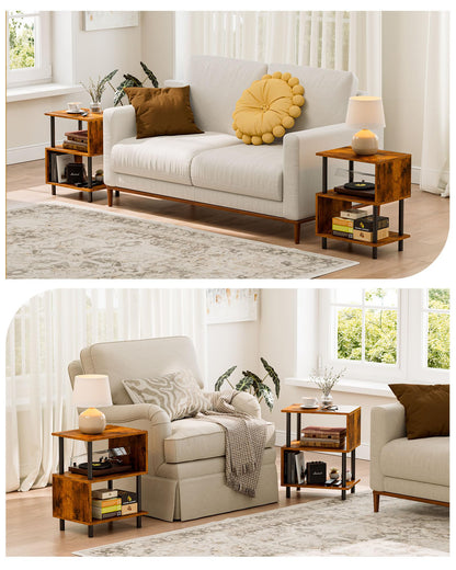 Frylr Small Side Table, End Table and Nightstand with 3-Tier Wood Shelves, Sturdy Metal Frame with 44 LBS Capacity per Shelf, Easy to Assemble for Living Room or Bedroom,Rustic Brown