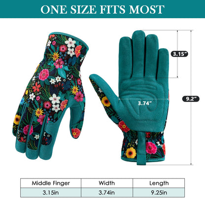 Trifabricy Garden Gloves for Women - Breathable leather Floral Gardening Gloves with Grip, Thorn-Proof Puncture-Resistant Work Gloves for Weeding, Digging, Planting, Raking and Pruning, Green Flower