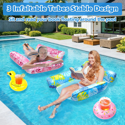 2 Pack Inflatable Pool Floats with 2 Drink Holders and 1 Air Pump, 4 in 1 Water Hammock with Cool Mesh Adult Swimming Pool Float Chair Sofa Lounger Saddle Toys for Beach Seaside Lazy River Hot Tub