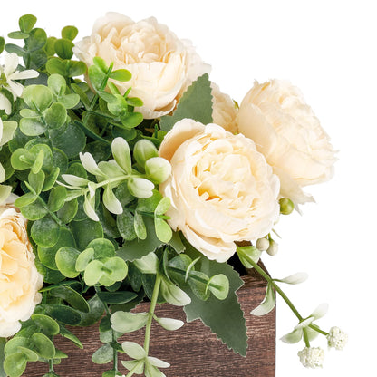 Dahey Centerpiece Table Decorations for Dining Room Farmhouse Table Centerpieces Decor Wood Tray with 3 Artificial Flowers and 2 Eucalyptus for Living Room Kitchen Table, 14.1" x 4.7" x 3.1"