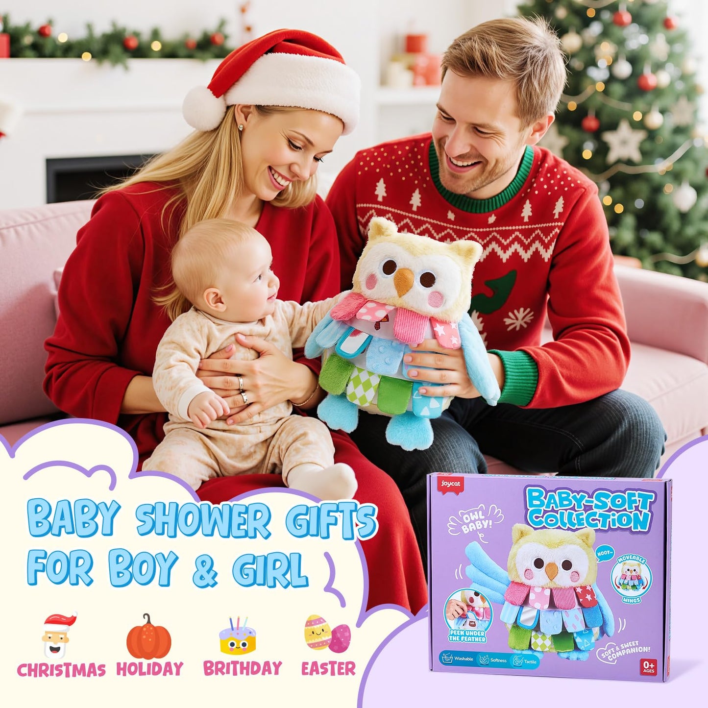 JoyCat Sensory Owl Baby Toy for 0-12 Months, 13''Soft Tummy Time Infant Toy with Multi-Textured Crinkle Feathers, Baby Mirror, Stuffed Animal Plush Montessori Easter Gifts for Newborn Boys and Girls
