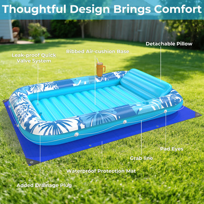 Inflatable Tanning Pool Lounger Float with Protection Tarp, 70" x 46" Pool Floats Adult with Pillow, 6 in 1 Suntan Tub Raft Floatie, Sunbathing Water Bed Lounge Blow Up Kids Ball Pit Party Gifts-Blue