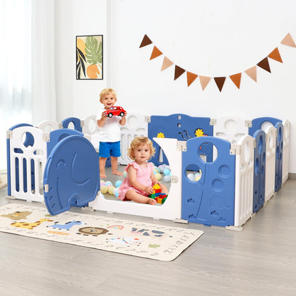HAPPYMATY Baby Playpen, 18-Panel Foldable Play Pen for Babies and Toddlers, Indoor Outdoor Baby Fence with Sensory Play Panel, Adjustable Shape Activity Play Center, Portable & Easy Assemble