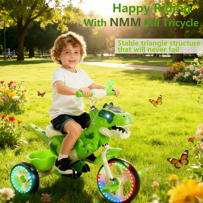 NMM Dinosaur Tricycle for Toddlers, Kids Trike with Music, LED, Tricycles for 3-5 Year Olds, for Rider, Big Wheel, Storage Basket, Horn, Toddler Bike for Boy, Dinosaur Toys for Kids 2-4 4-7