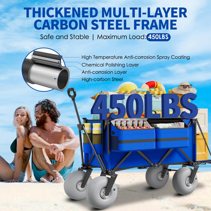 Beach Wagon with Big Wheels for Sand - 450lbs Load Heavy Duty Wagons Carts Foldable with 9" All Terrain Inflatable Tires, Collapsible Beach Cart for Grocery Shopping Garden Sports Camping Outdoor