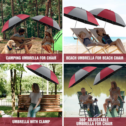 NBtoUS 2 Pack Chair Beach Umbrella with 360 Universal Clamp, UPF50+ Umbrella Outdoor Patio Sun Protection for Chairs, Beach &Patio Use (Grey/Wine Red)