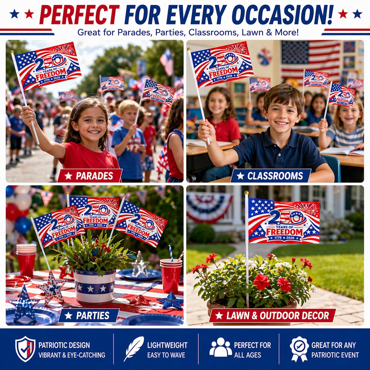 America 250th Anniversary Stick Flags 25/50 Pack – 1776-2026 Patriotic Hand Held American Flags, Small Mini USA Flags for Parade, Party, Classroom, Memorial Day, Independence Day & July 4th Decorations (25)