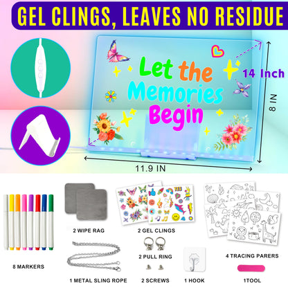 LED Drawing Board, 14'' Acrylic Note Board with Colors, Include LED Light Up Writing Pad 4 Modes & 7 Colors, 8 Markers, Stand, Hanging Chain, 2 Gel Clings, Holiday Gift