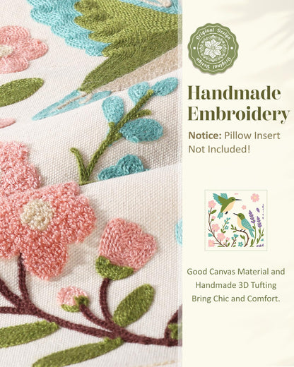 Kokaaee Spring Pillow Cover 18x18 Inch – Embroidered Summer Throw Pillow Cover Flowers Birds Farmhouse Decorative Cushion Case with Hidden Zipper Decoration for Couch, Sofa, Living Room(1 Pack)