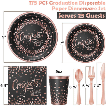 Ecomore 2026 Graduation Party Supplies - 175 PCS Congrats Grad Disposable Dinnerware Set w/Rose Gold Paper Plates Cups Napkins & Plastic Cutlery, Serves 25 Guests for School College Grad Celebration