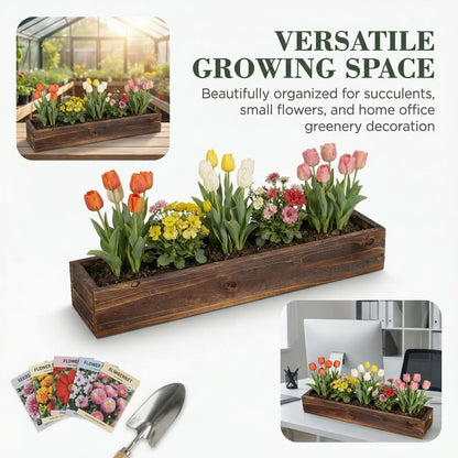 Sewroro Wooden Succulent Flower Box Planter for Indoor and Outdoor Use, Carbonized Wood Window Planter with Drainage Hole, Rectangular Rustic Flower Pot for Balcony Garden