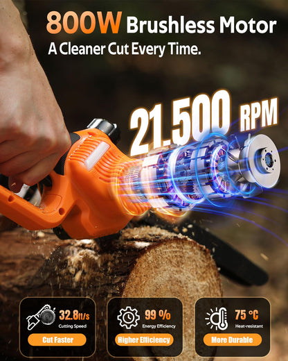 VOTREK® 8-Inch Mini Chainsaw Cordless, 2 x 3.0Ah Batteries, Electric Chain Saw with 2 Chains, Brushless Motor, Auto Oiler, Tool-Free Tensioner for Tree Trimming and Yard Cleanup