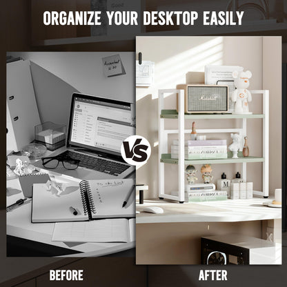 Brakki Desk Shelf Organizer, Adjustable 2 Tier Metal Desktop Shelves, Desktop Bookshelf Organization with Foot Mat, Multi-Functional Small Storage Rack for Office Dorm Home, White and Green