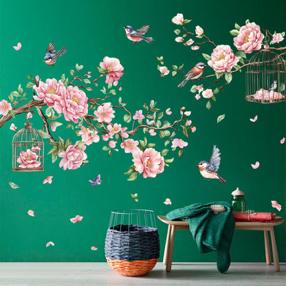 Removable Large Flowers with Tree Branches Wall Stickers – DIY Peony Floral Birds Wall Decals, Peel and Stick Leaves & Birdcage Wall Decor for Kids Girls Bedroom, Nursery, Living Room, Classroom