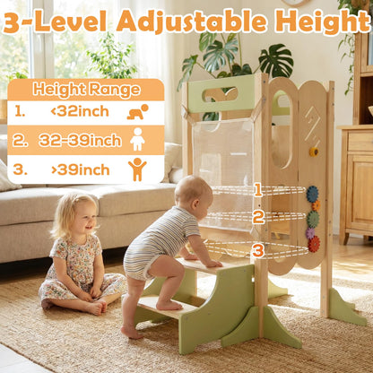 XYMERO 6 in 1 Toddler Tower with Removable Ladder, Foldable Wooden Kitchen Step Stool for Kids, Adjustable Children Helper Tower for Baby, Standing Tower with Safety Equipment and Black Board