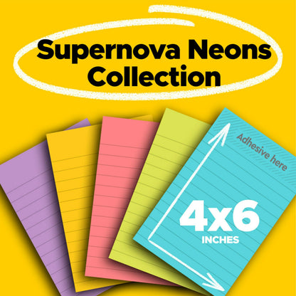 Post-it Super Sticky Lined Notes, 5 Sticky Note Pads, 4 x 6 in., School Supplies, Office Products, Sticky Notes for Vertical Surfaces, Monitors, Walls and Windows, Supernova Neons Collection
