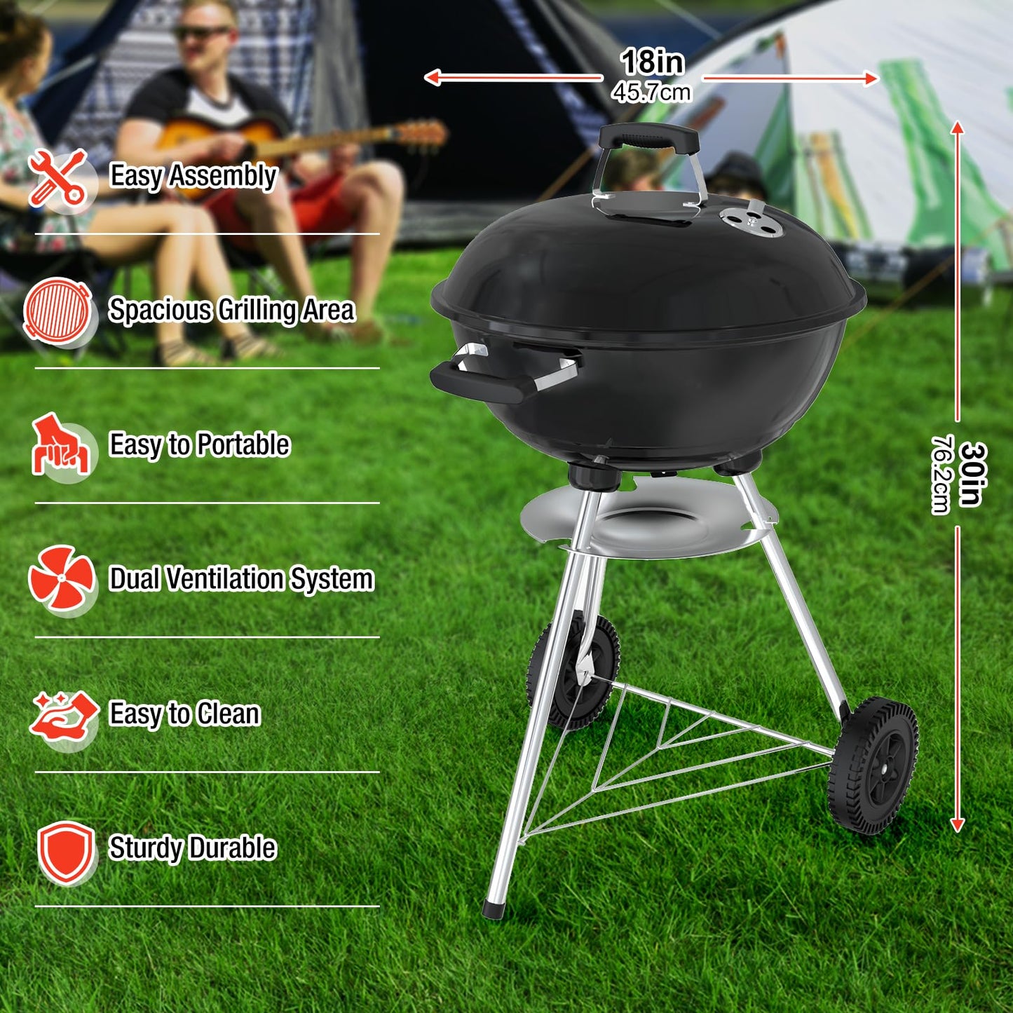 GRiliFE 18 inch Charcoal Grill, Portable Kettle BBQ Grills, Perfect BBQ Gift, Durable & Easy to Assemble, Round Barbecue Grill with Wheels and Lid for Outdoor Cooking, Patio and Beach, Black