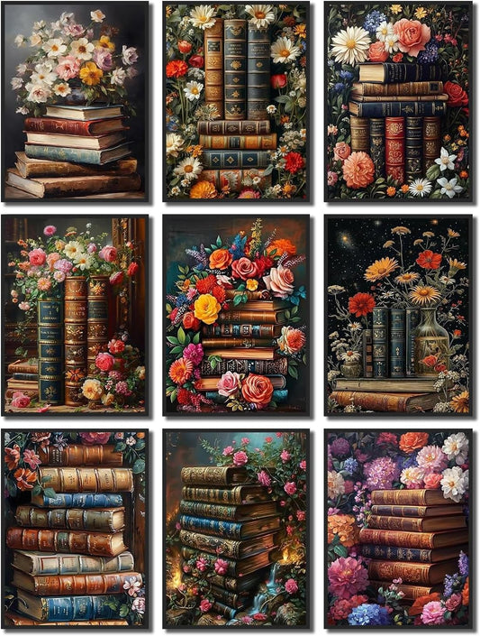 9 Pack Book Flower Diamond Art Kits for Adults Beginners,Full Round Drill DIY Diamond Painting Kits,Paint by Diamonds Dot Gem Art Crystal Easy,Vintage Home Wall Decor 12x16Inch