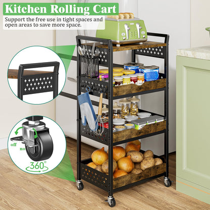 MJIMKE 4-Tier Utility Rolling Cart with Wheels - Kitchen Organizations and Storage Metal Cart, Detachable Fruits Coffee Snacks Art Craft Storage Cart for Bathroom, Pantry & Laundry, Black