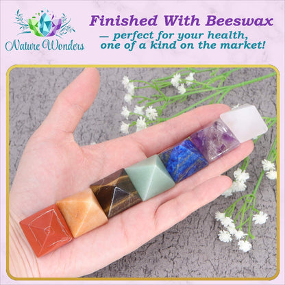 Uorbeay NatureWonders All Natural 7 Chakra Stone Set (Pyramid) with Engraved Symbols (Gift Box, Information Brochure & Pouch) - Healing Crystals, Balancing, Tumbled Palm Stone, Touchstone, Meditation