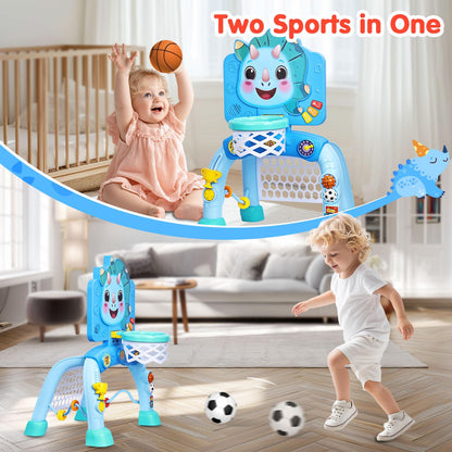 SunRiMax Toddler Basketball Hoop&Soccer Goal,Toys for 1 2 3 Year Old Boys,1+ Year Old Boy Gift 1st Birthday Chirstmas,Dinosaur Baby Sports Toy with Light Sound Music,12-18 Months Baby Activity Center