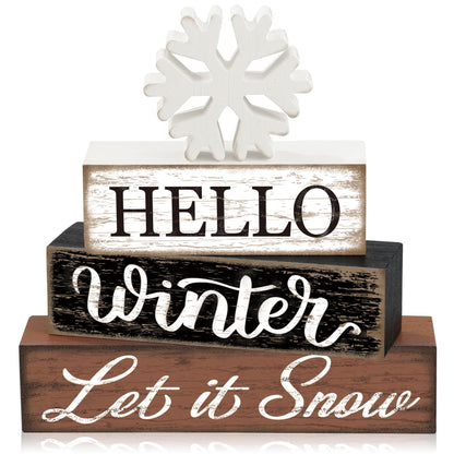 4 Pcs Winter Snowflake Wooden Table Block Sign Christmas Tiered Tray Decor Hello Winter Wood Tabletop Centerpiece Let it Snow Rustic Farmhouse Table Decorations for Xmas Holiday Home Shelf Party Decor