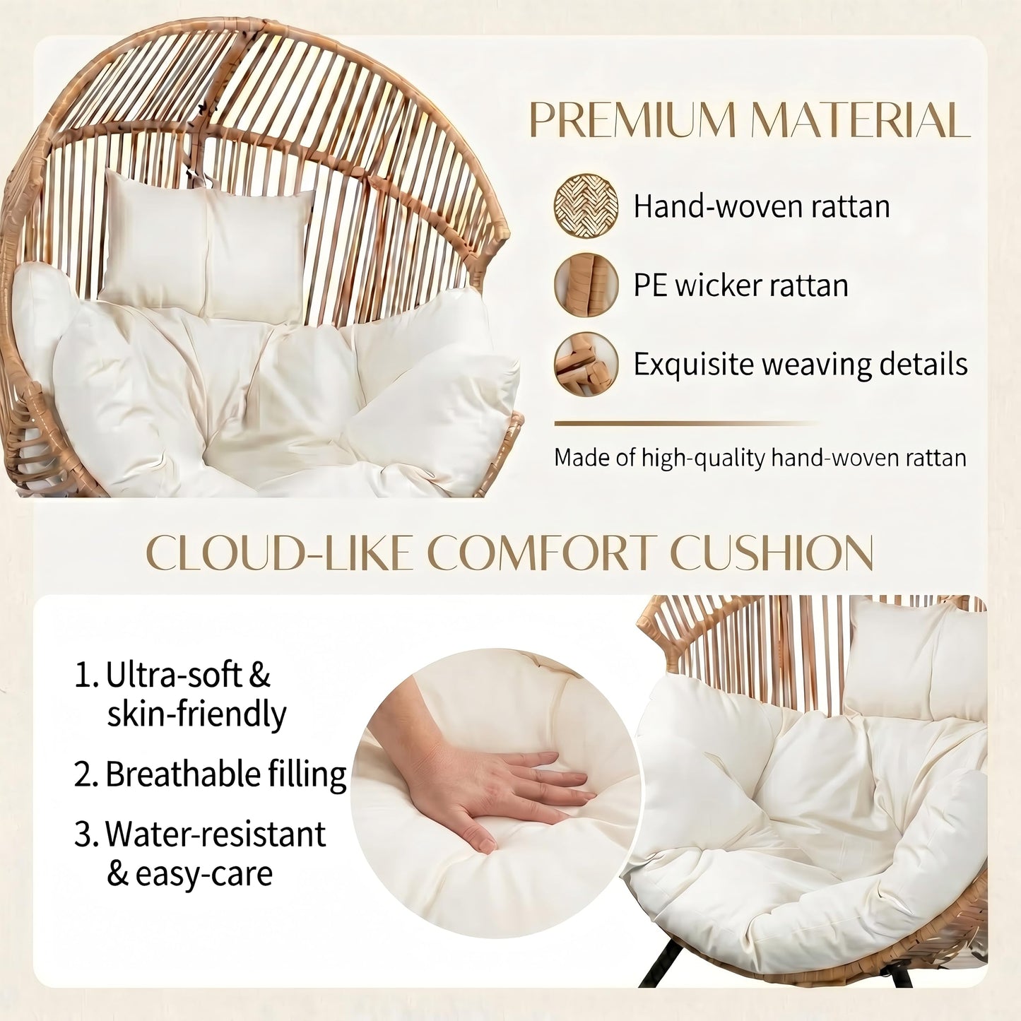 Oversized Outdoor Wicker Egg Chair Set of 2, Patio Lounge Chair Basket Seat with Thick Cushion, All Weather Indoor Outdoor Porch Rockers for Balcony, Living Room, Lawn Garden