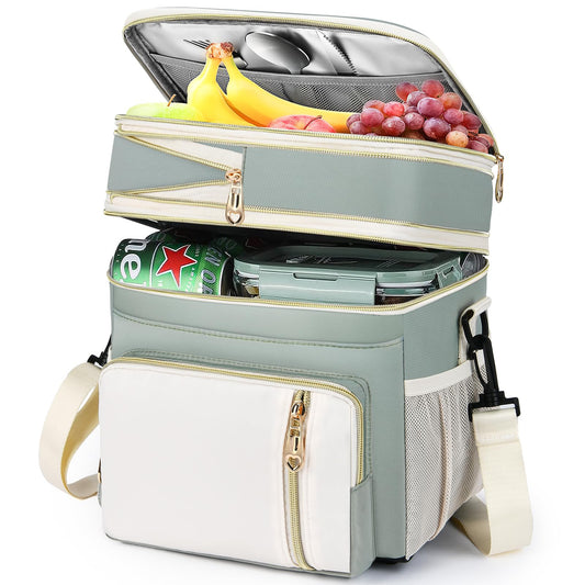 Lunch Box & Lunch Bag for Women Men, Expandable Large Insulated Adult Lunch Bag with Strap, Double Deck Leakproof Lunchbox Durable Cooler Bags for Work Picnic Beach,16L, Olive Green & White