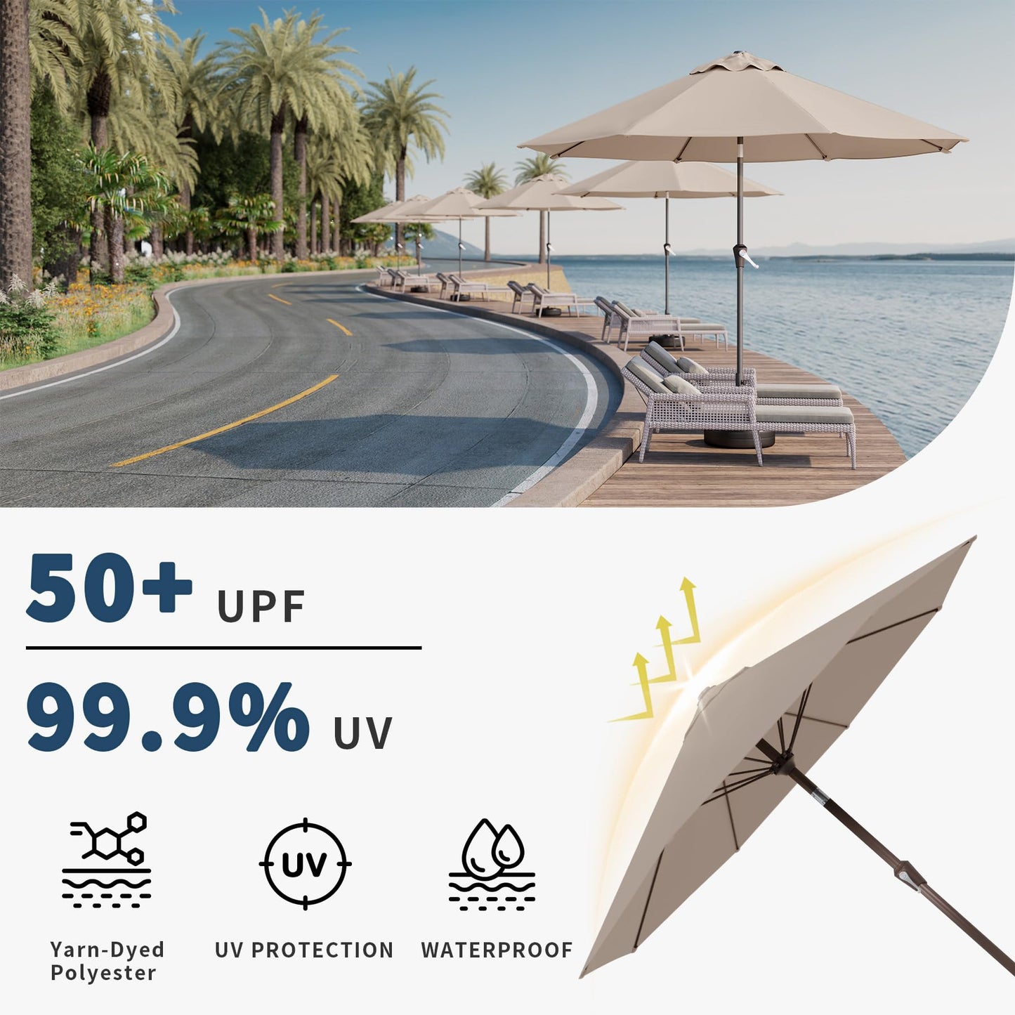 Patio Kingdom 9FT Patio Umbrella with Fiberglass Ribs, Outdoor Market Table Umbrella with Crank and Tilt, UV Resistant Waterproof Canopy for Patio, Garden, Deck, Pool, Beige