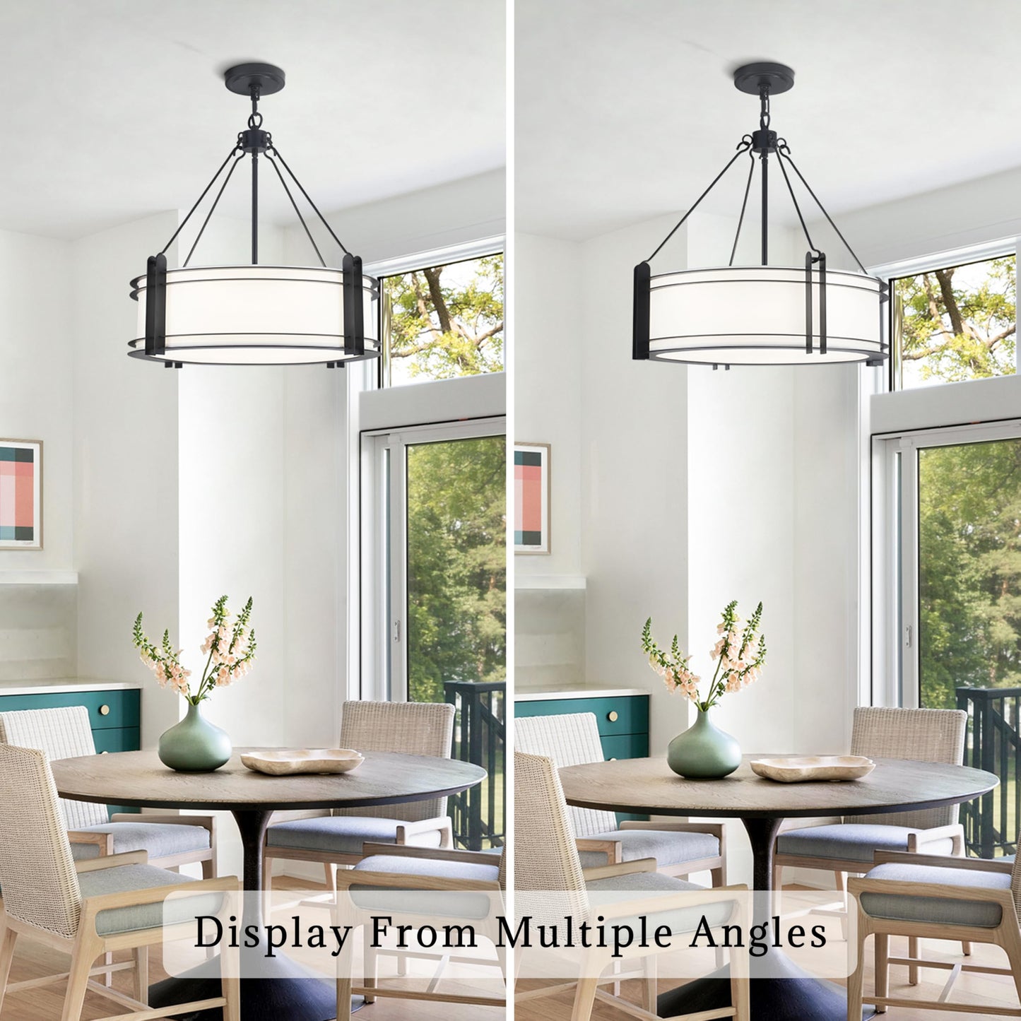 NZZDYI 20.4''Drum Chandelier,5-Light Fabric Modern Chandeliers,Black Farmhouse Round Pendant Light Fixture for Dining Room Kitchen Island Living Room Bedroom Hallway