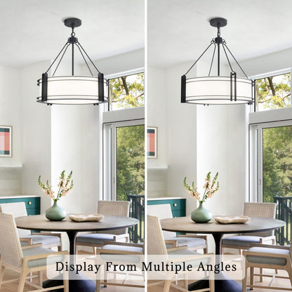 NZZDYI 20.4''Drum Chandelier,5-Light Fabric Modern Chandeliers,Black Farmhouse Round Pendant Light Fixture for Dining Room Kitchen Island Living Room Bedroom Hallway