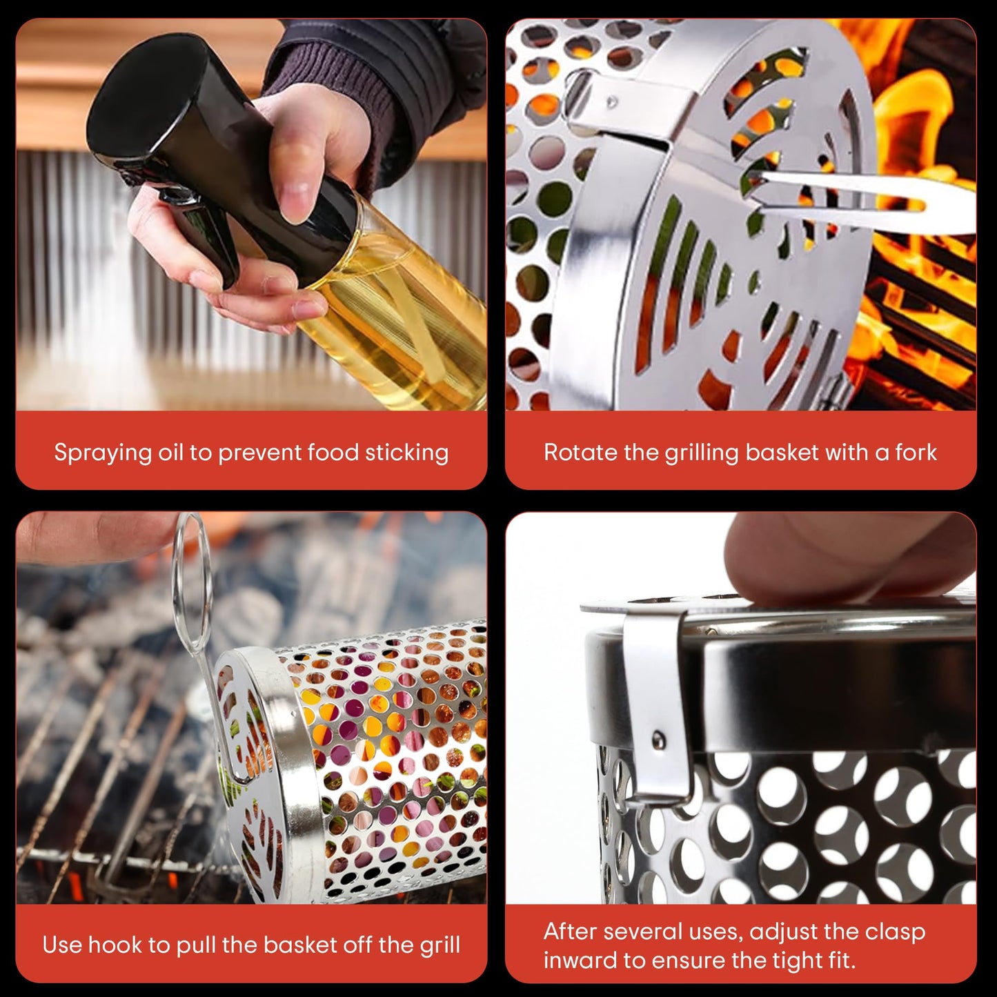 Rolling Grilling Baskets (2 PCS) - 360° Heavy Duty Stainless Steel BBQ Basket, Complete Set for Outdoor Cooking and Party