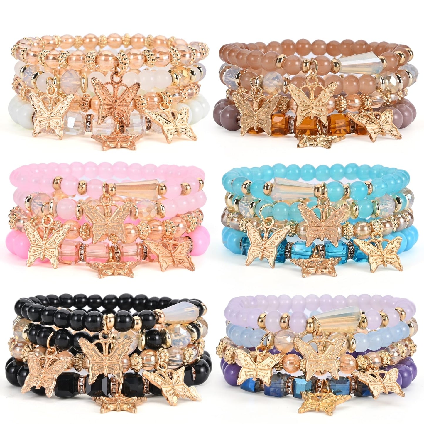 Bohemian Bracelet Sets for Women - 6 Sets Stackable Stretch Bracelets Multi-color Boho Jewelry for Women Hippie Bracelets Dainty Jewelry (Multicolor bead bracelets)