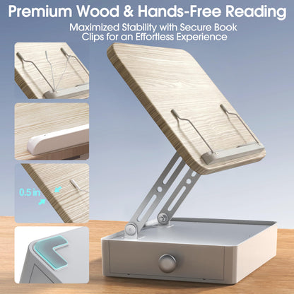 Book Stand with Storage Drawer, Adjustable Wooden Reading Stand for Desk, Ergonomic Height & Angle Book Holder for Textbooks, Cookbooks, Documents (White Ash Finish, 9.8" x 13.8" Large Panel)