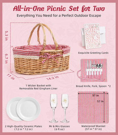 Wedding Gift Picnic Basket for 2 with Waterproof Blanket, Plates, Cutlery Mr and Mrs Glasses, Oval Wicker Hamper with Red Gingham Liner for Engagement, Bridal Shower and Anniversary Dates
